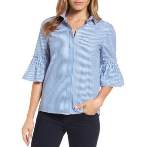 Draper James Andrea Ruffle Sleeve Striped Button Down Top - Picture 1 of 12